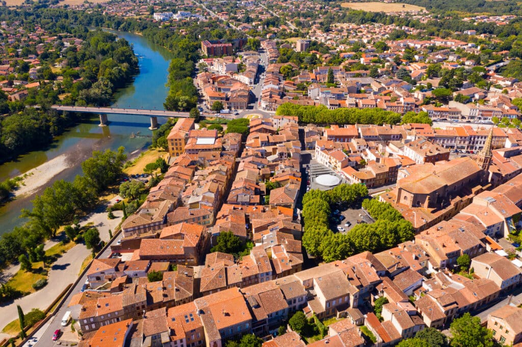 Aerial view of Muret city in Haute-Garonne, southwestern France